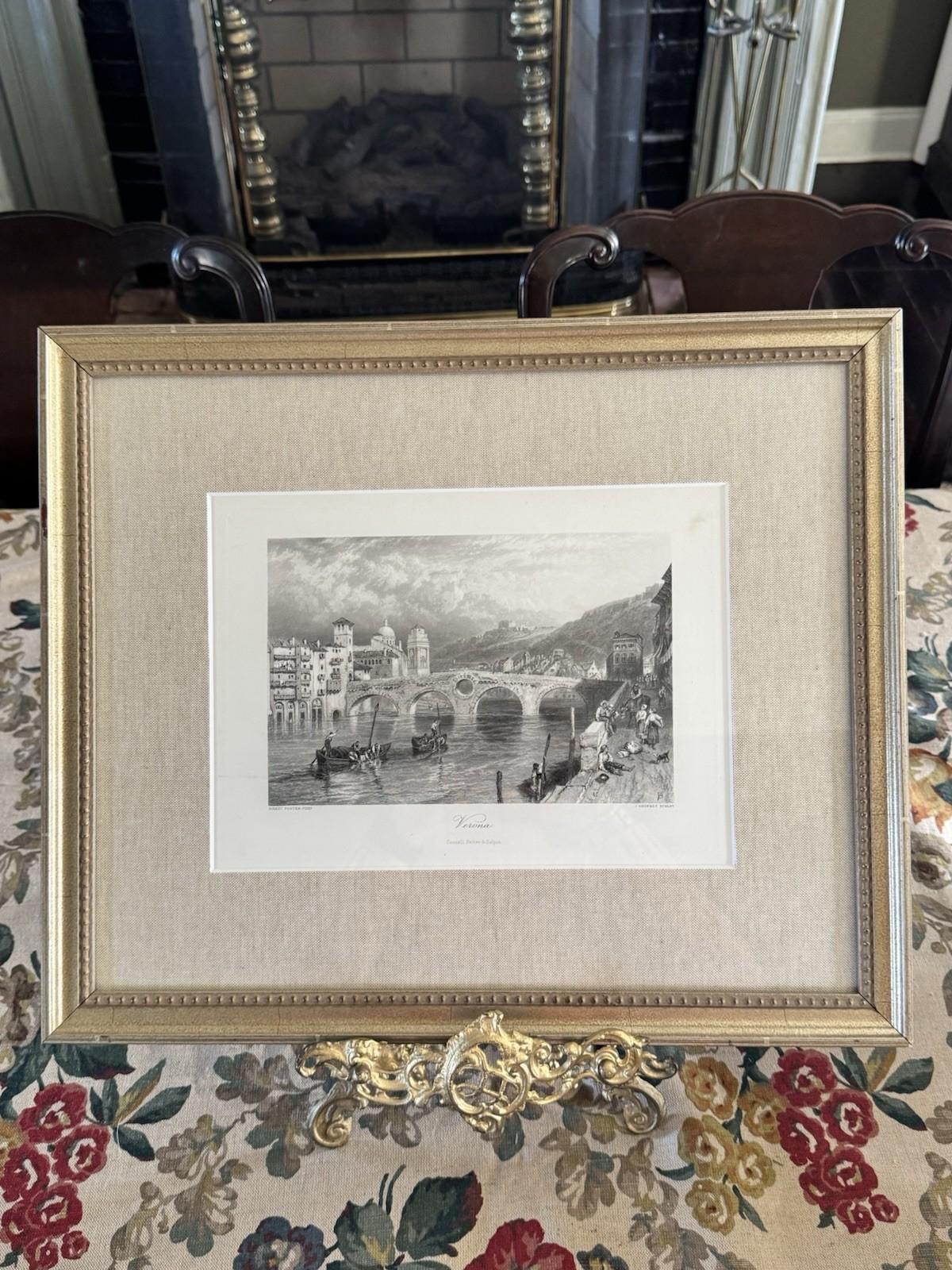 Antique Framed Print Verona Italy Castelvecchio Bridge J Godfrey Gilt Engraving