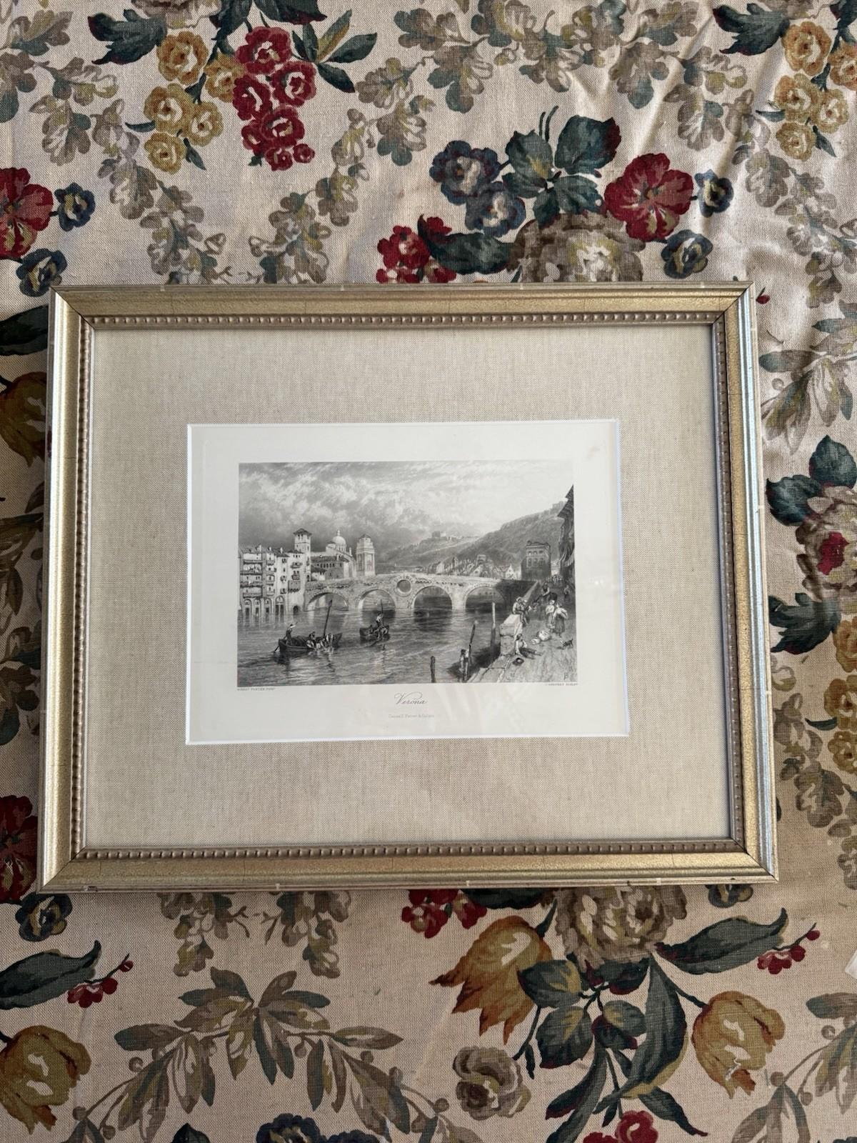 Antique Framed Print Verona Italy Castelvecchio Bridge J Godfrey Gilt Engraving