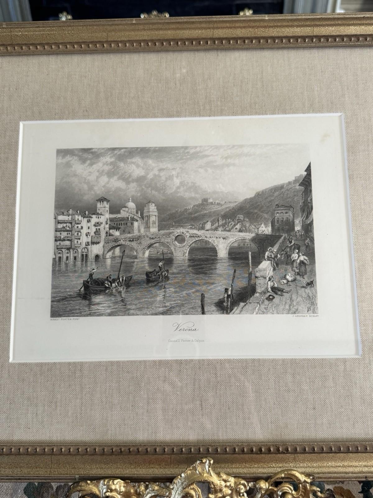 Antique Framed Print Verona Italy Castelvecchio Bridge J Godfrey Gilt Engraving