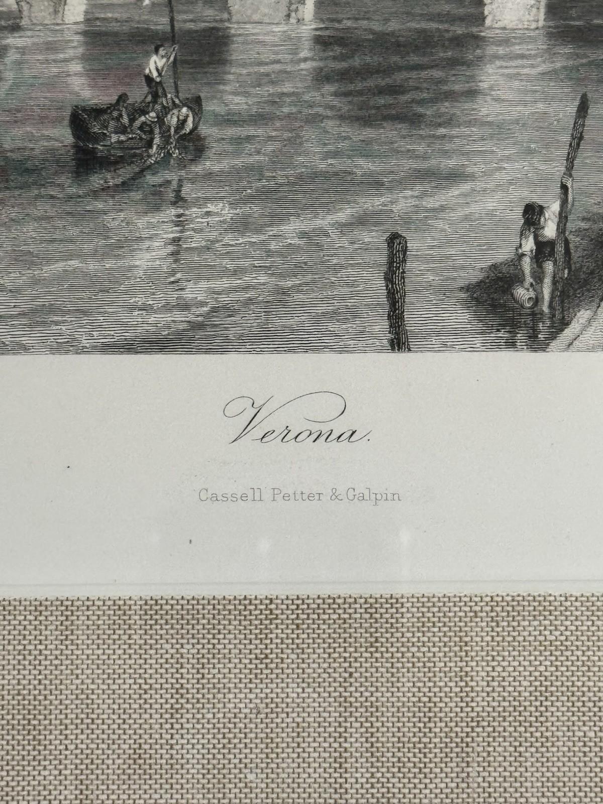 Antique Framed Print Verona Italy Castelvecchio Bridge J Godfrey Gilt Engraving