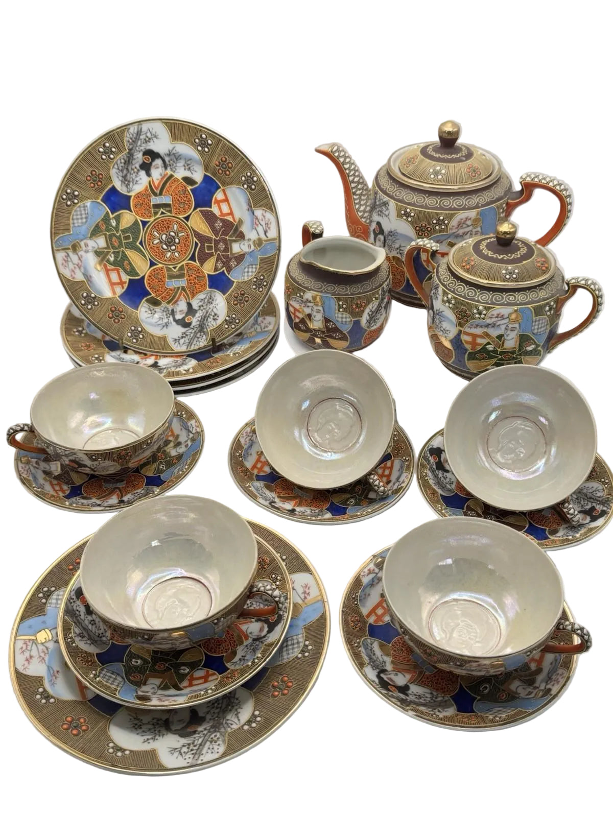 Moriage Tea Set 18 Pc Hand Painted Japan Geisha Lithophane Teapot Sugar Creamer