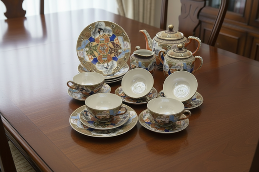 Moriage Tea Set 18 Pc Hand Painted Japan Geisha Lithophane Teapot Sugar Creamer