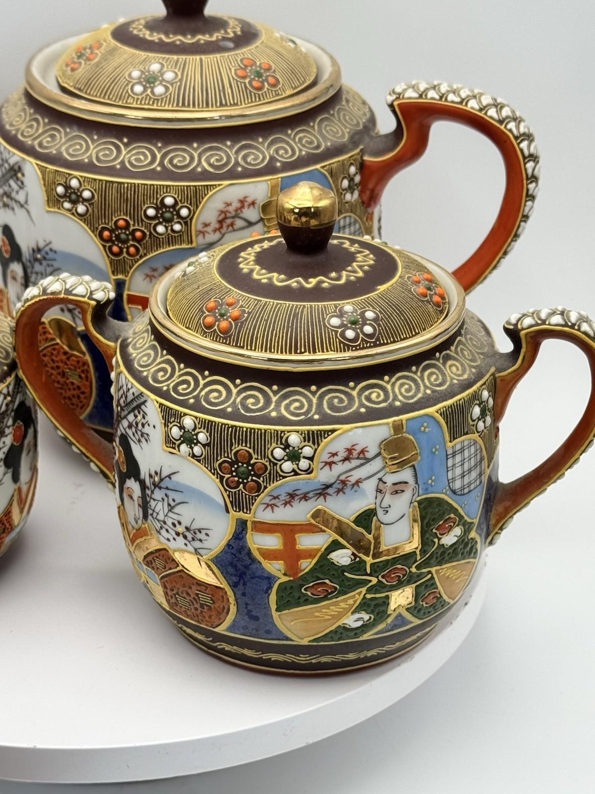 Moriage Tea Set 18 Pc Hand Painted Japan Geisha Lithophane Teapot Sugar Creamer