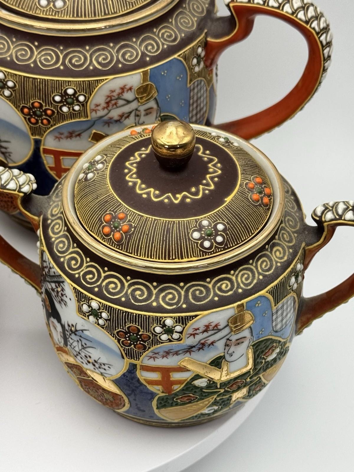 Moriage Tea Set 18 Pc Hand Painted Japan Geisha Lithophane Teapot Sugar Creamer