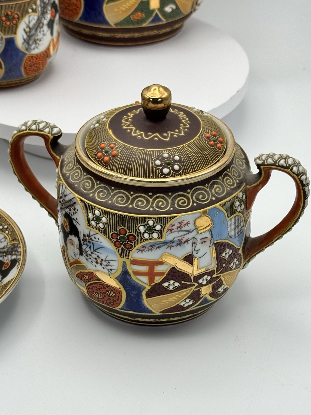 Moriage Tea Set 18 Pc Hand Painted Japan Geisha Lithophane Teapot Sugar Creamer