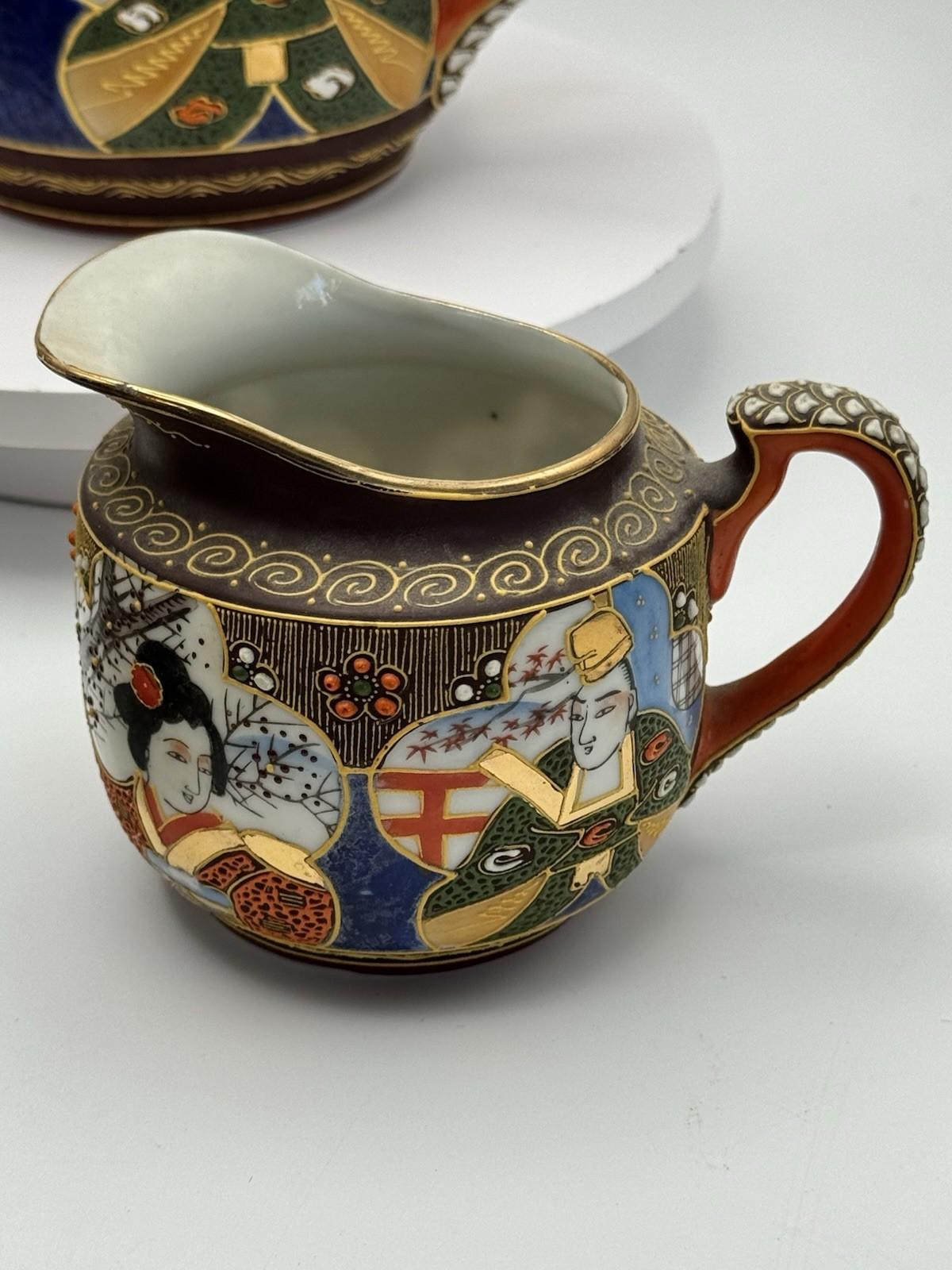 Moriage Tea Set 18 Pc Hand Painted Japan Geisha Lithophane Teapot Sugar Creamer