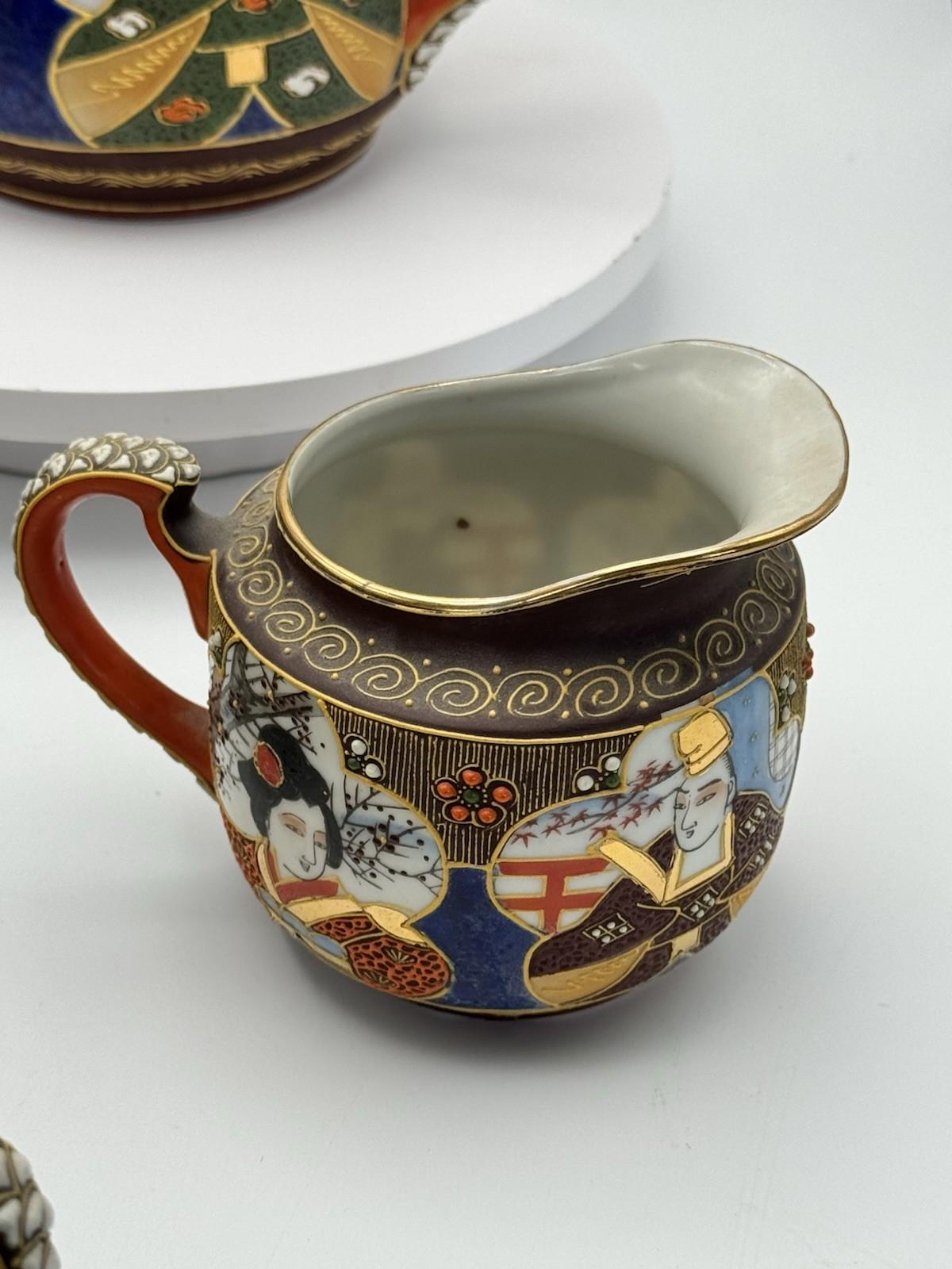Moriage Tea Set 18 Pc Hand Painted Japan Geisha Lithophane Teapot Sugar Creamer