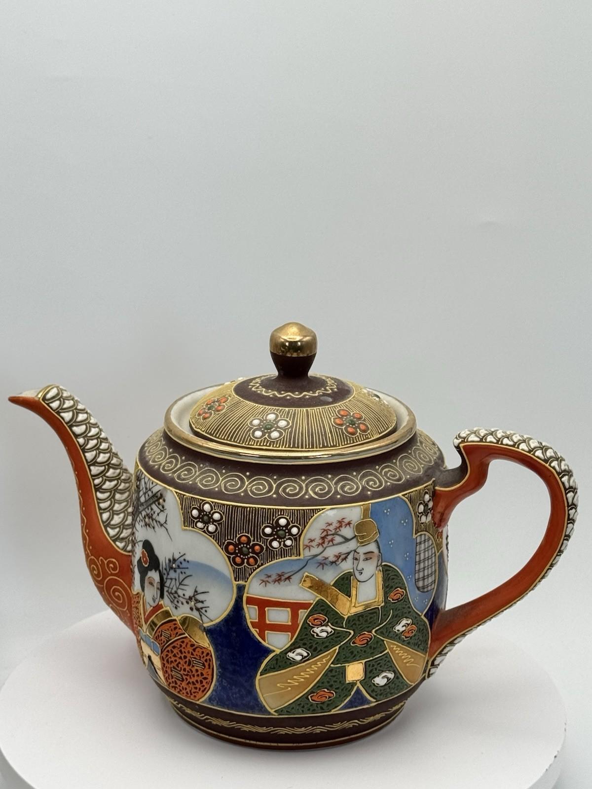 Moriage Tea Set 18 Pc Hand Painted Japan Geisha Lithophane Teapot Sugar Creamer