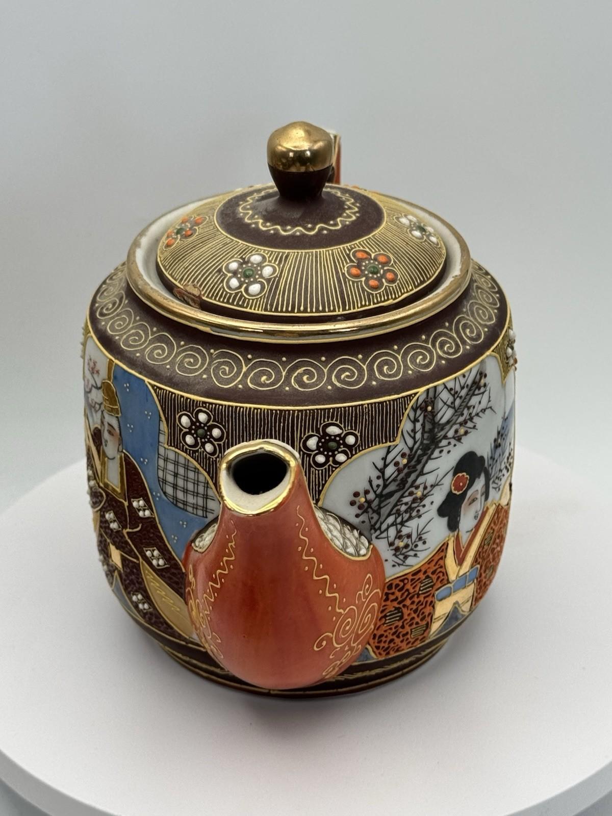 Moriage Tea Set 18 Pc Hand Painted Japan Geisha Lithophane Teapot Sugar Creamer