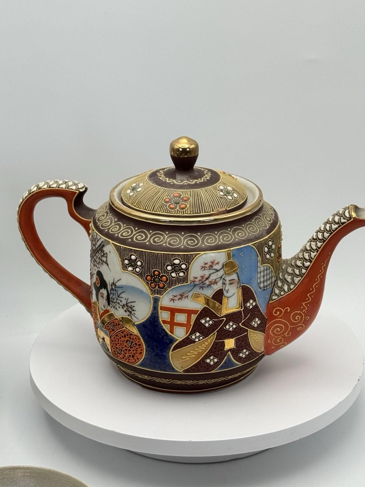 Moriage Tea Set 18 Pc Hand Painted Japan Geisha Lithophane Teapot Sugar Creamer
