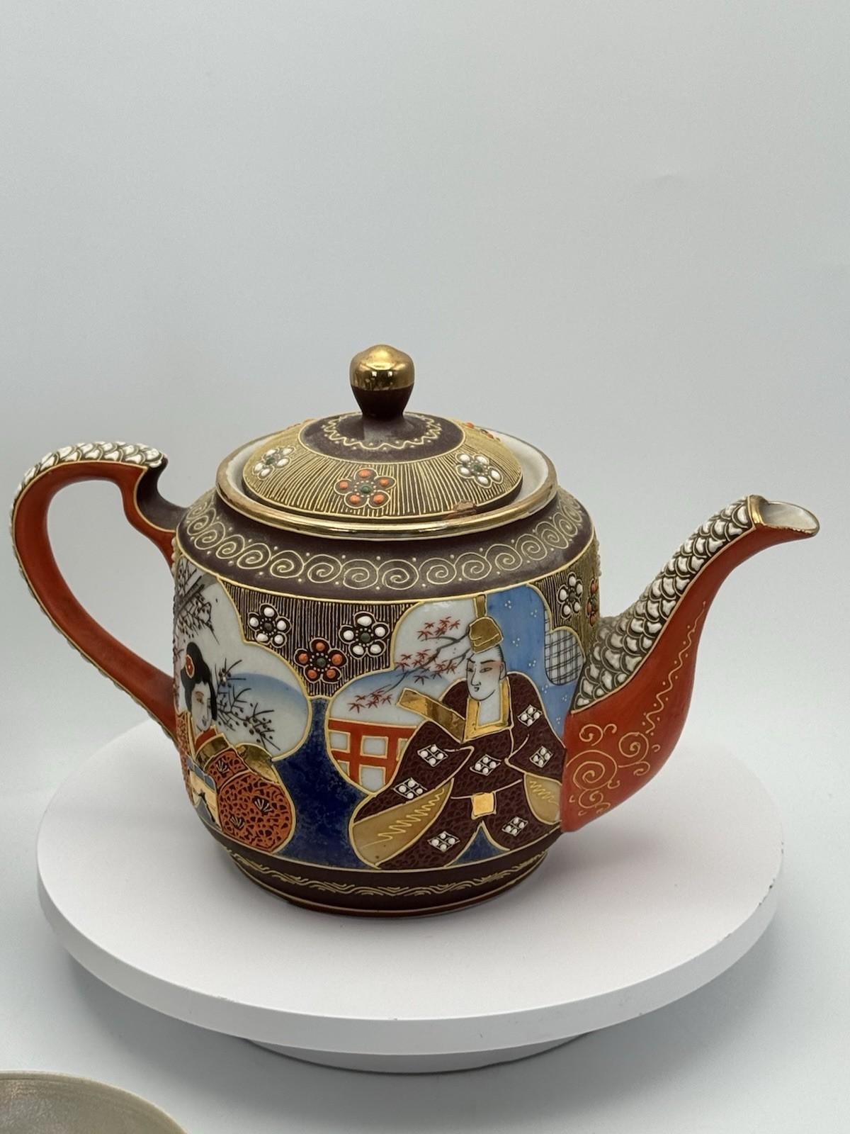 Moriage Tea Set 18 Pc Hand Painted Japan Geisha Lithophane Teapot Sugar Creamer