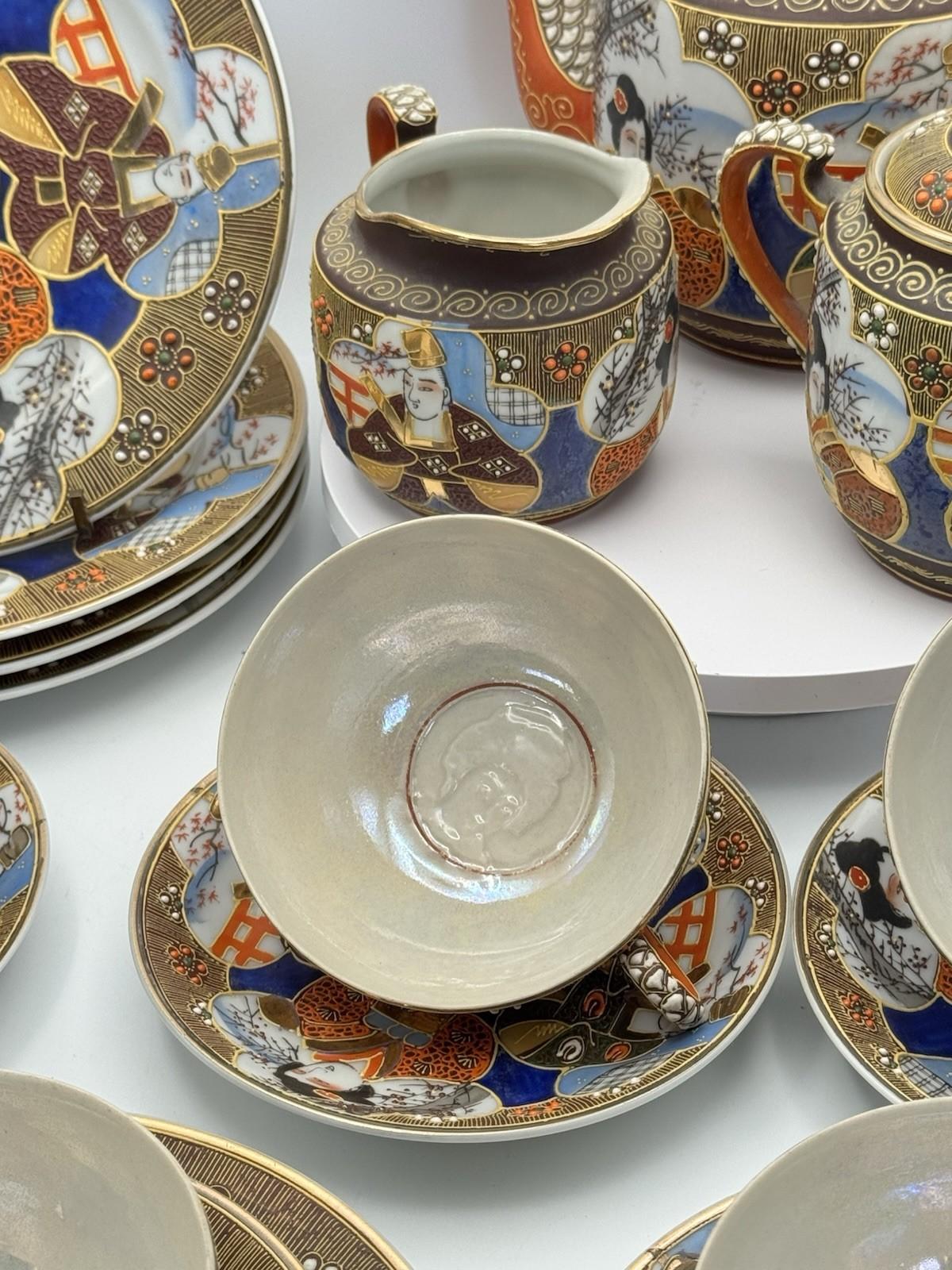 Moriage Tea Set 18 Pc Hand Painted Japan Geisha Lithophane Teapot Sugar Creamer