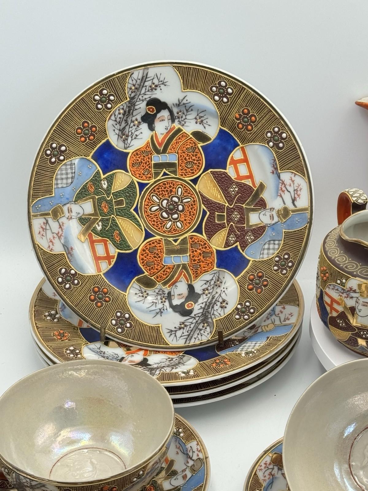 Moriage Tea Set 18 Pc Hand Painted Japan Geisha Lithophane Teapot Sugar Creamer