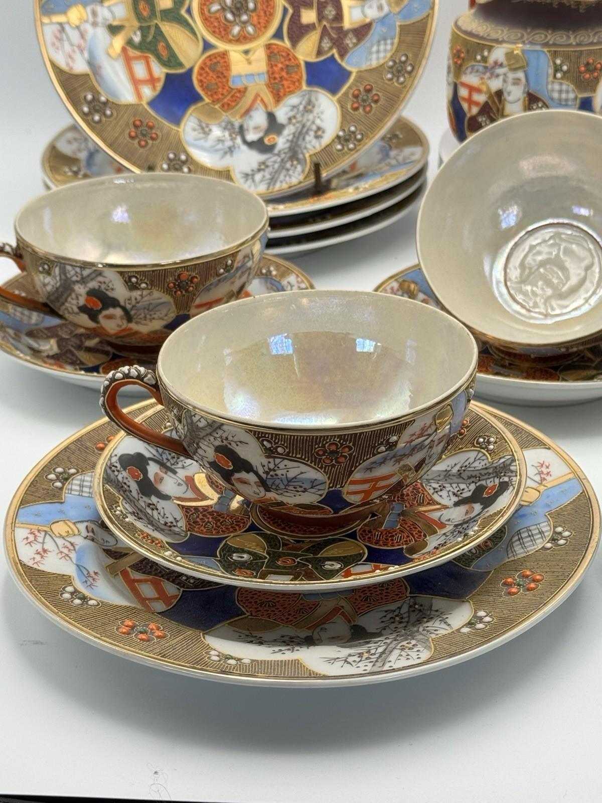 Moriage Tea Set 18 Pc Hand Painted Japan Geisha Lithophane Teapot Sugar Creamer