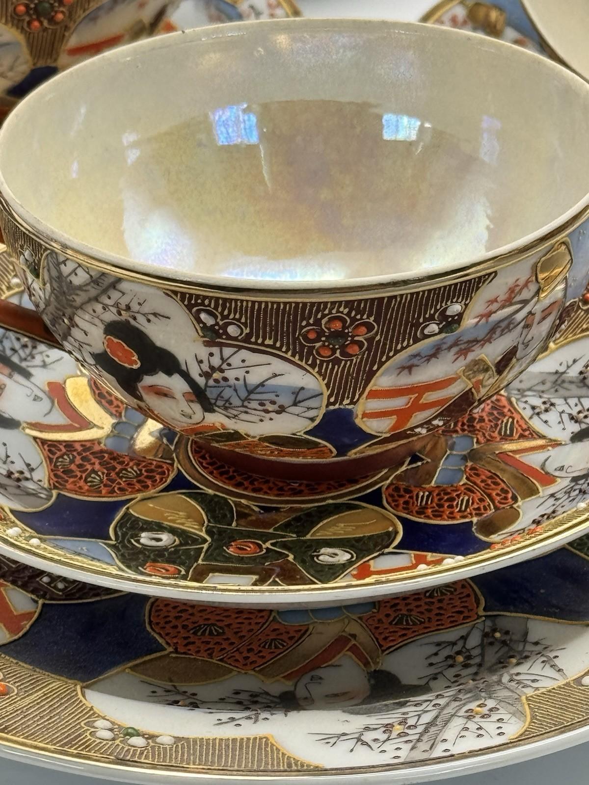 Moriage Tea Set 18 Pc Hand Painted Japan Geisha Lithophane Teapot Sugar Creamer