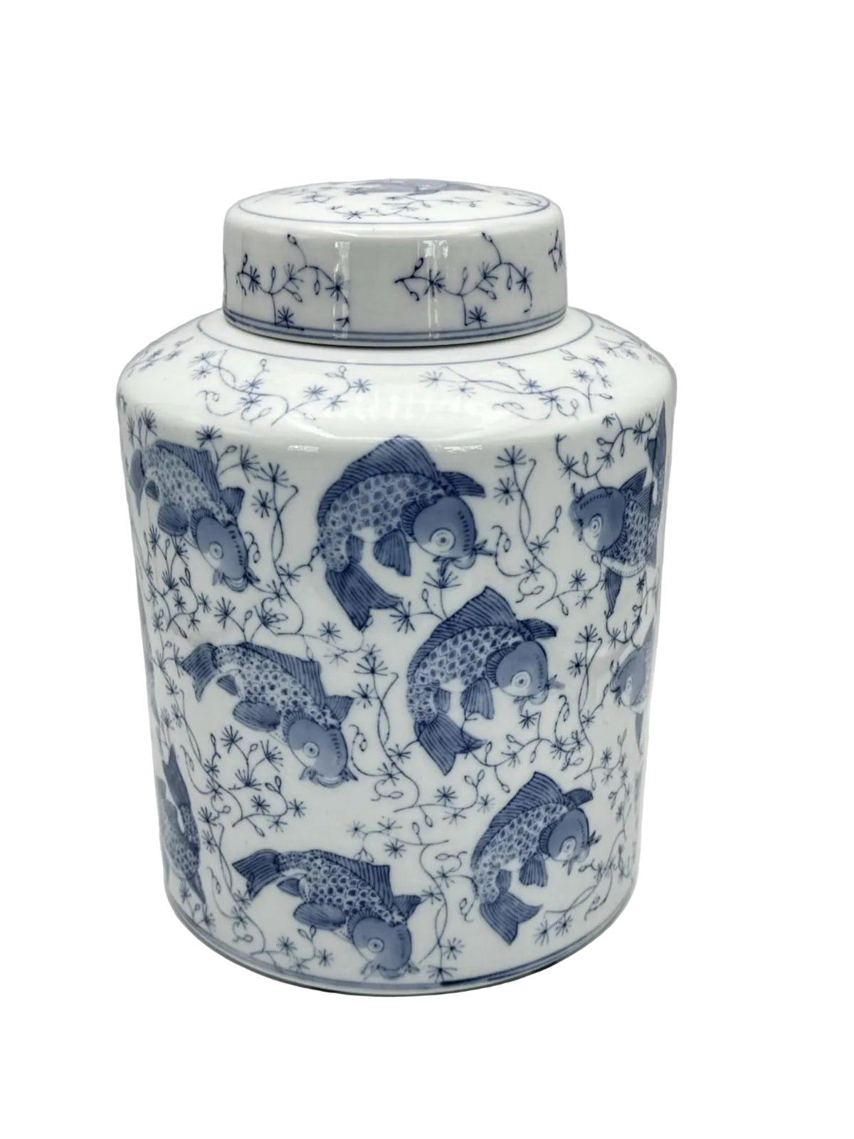 Koi Fish Ginger Jar Blue White Porcelain Lidded Jar Asian Decor 10.5”h LARGE