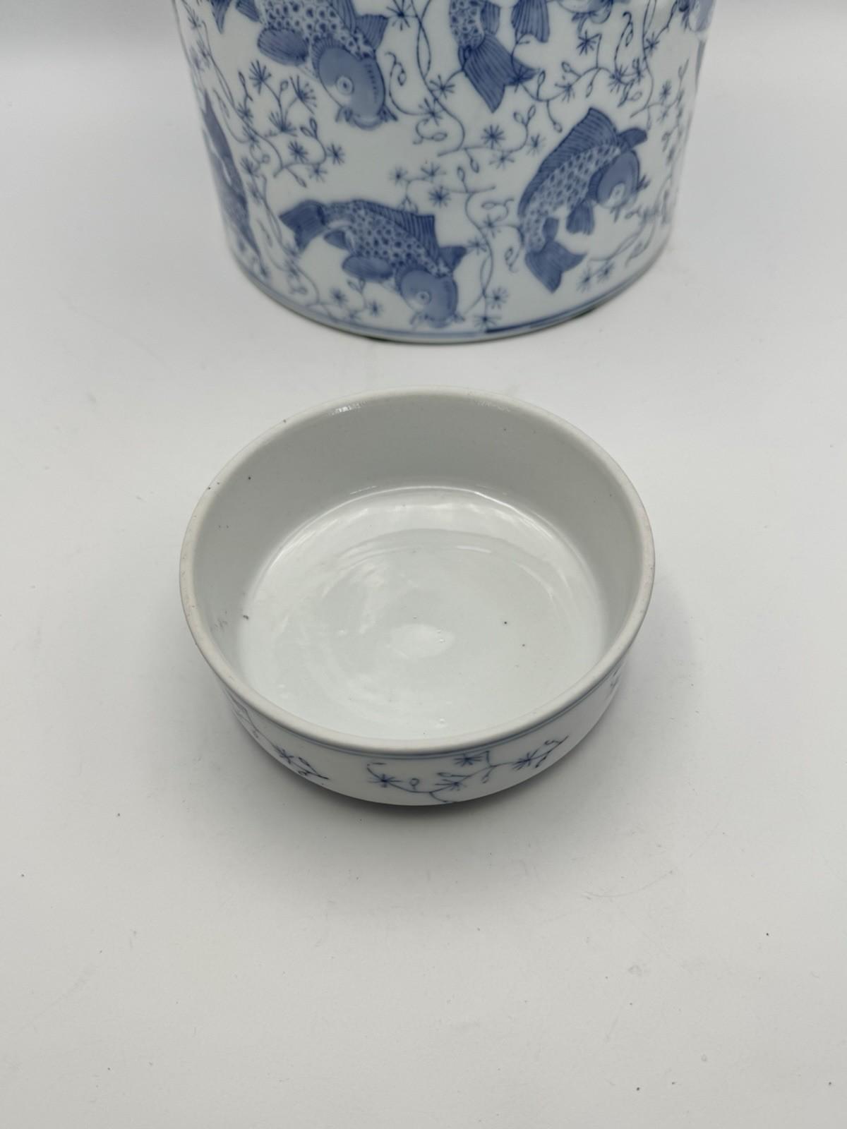 Koi Fish Ginger Jar Blue White Porcelain Lidded Jar Asian Decor 10.5”h LARGE
