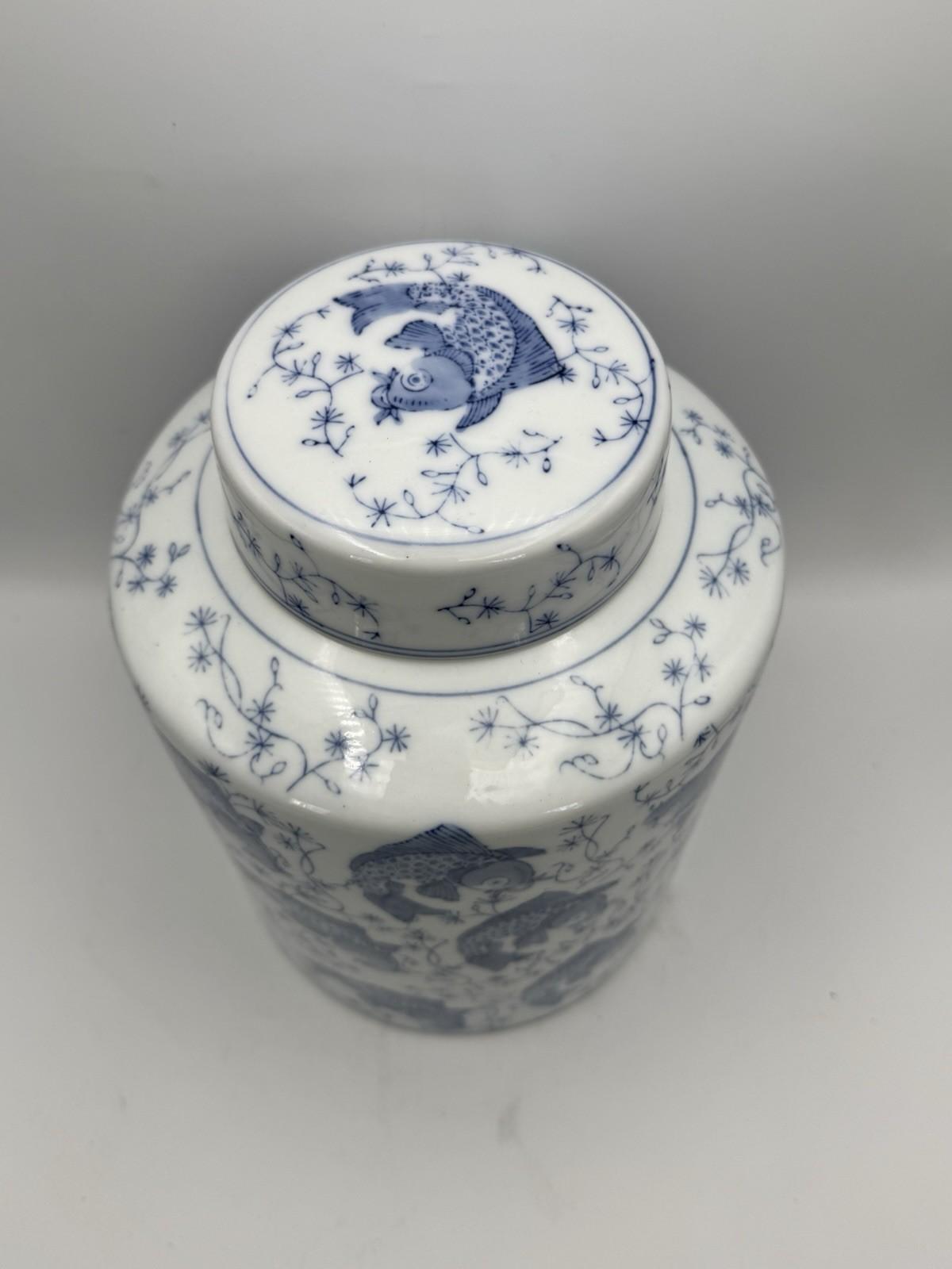 Koi Fish Ginger Jar Blue White Porcelain Lidded Jar Asian Decor 10.5”h LARGE
