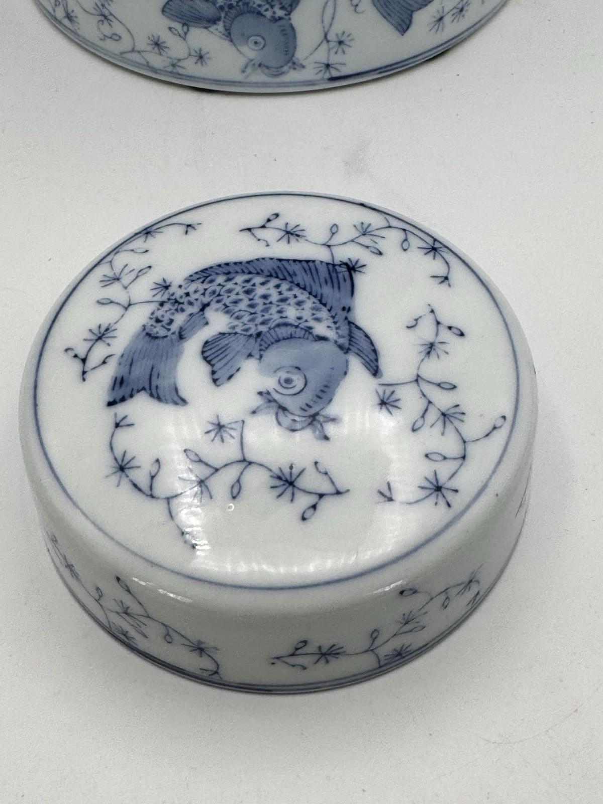 Koi Fish Ginger Jar Blue White Porcelain Lidded Jar Asian Decor 10.5”h LARGE