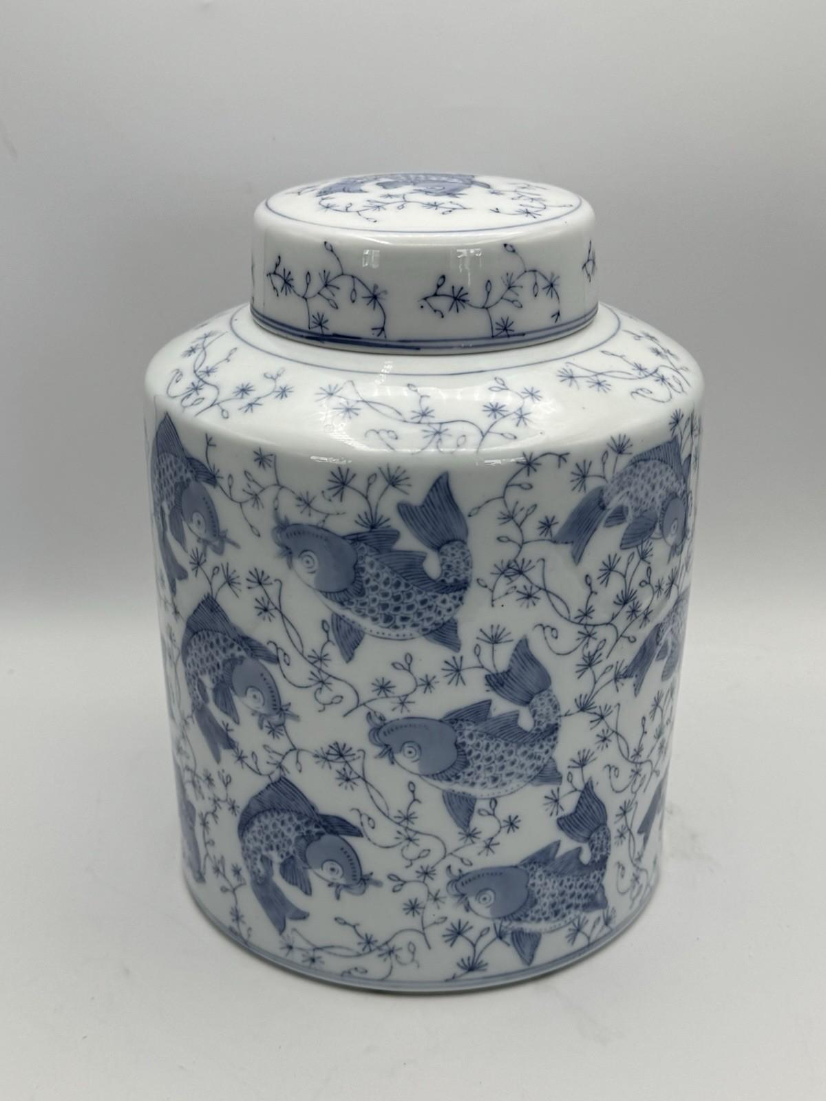 Koi Fish Ginger Jar Blue White Porcelain Lidded Jar Asian Decor 10.5”h LARGE
