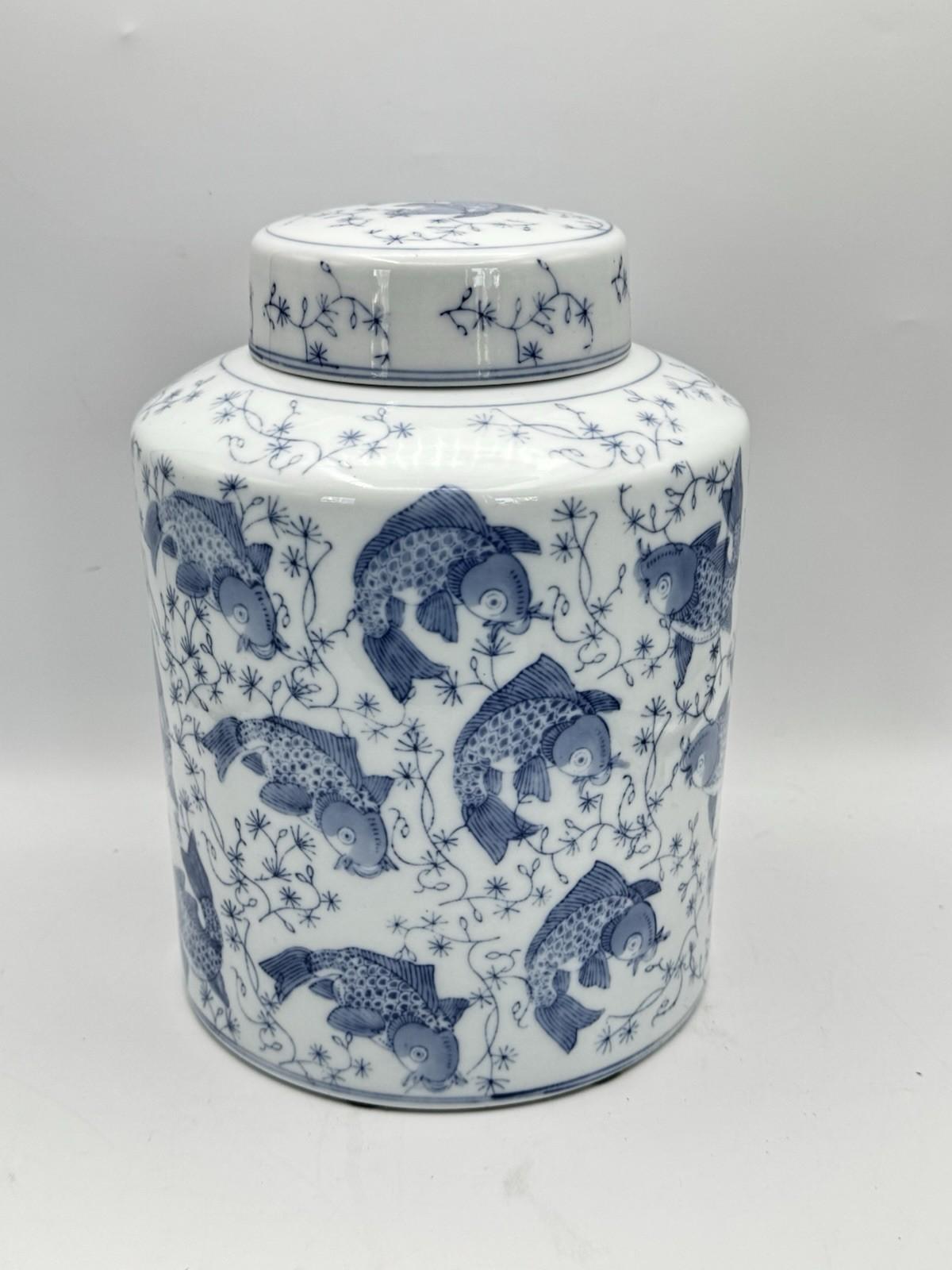 Koi Fish Ginger Jar Blue White Porcelain Lidded Jar Asian Decor 10.5”h LARGE