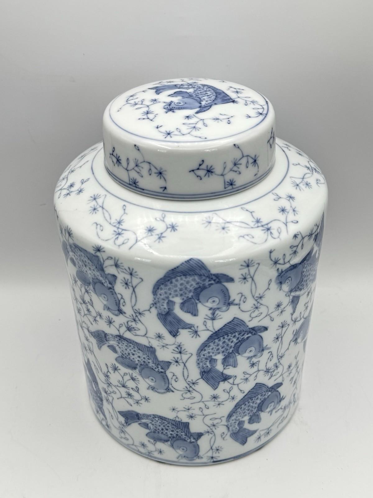 Koi Fish Ginger Jar Blue White Porcelain Lidded Jar Asian Decor 10.5”h LARGE