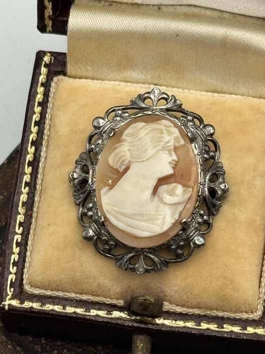 Vintage Cameo Brooch Sterling Shell Filigree Portrait Pin Victorian Style 1 Inch