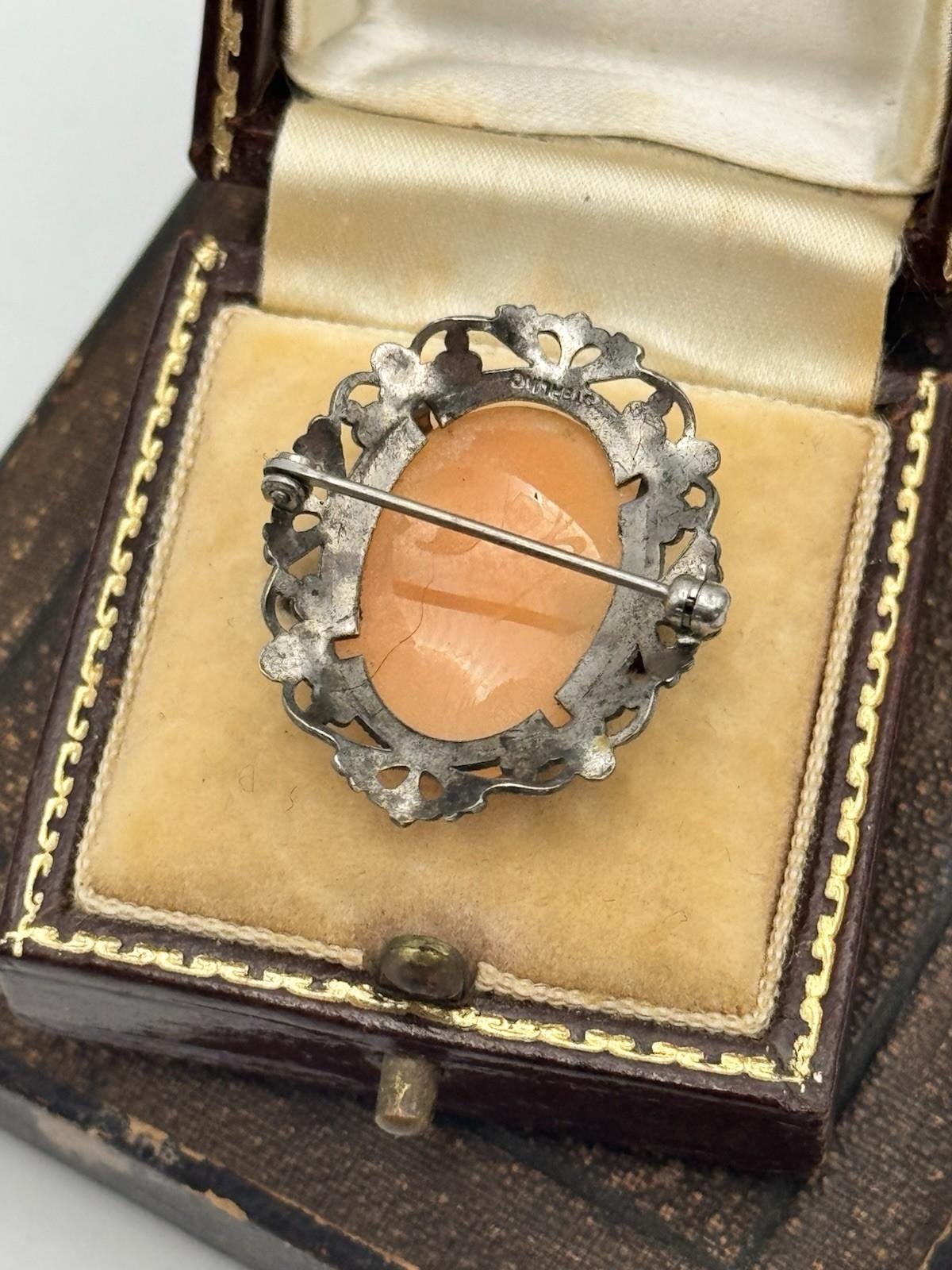 Vintage Cameo Brooch Sterling Shell Filigree Portrait Pin Victorian Style 1 Inch