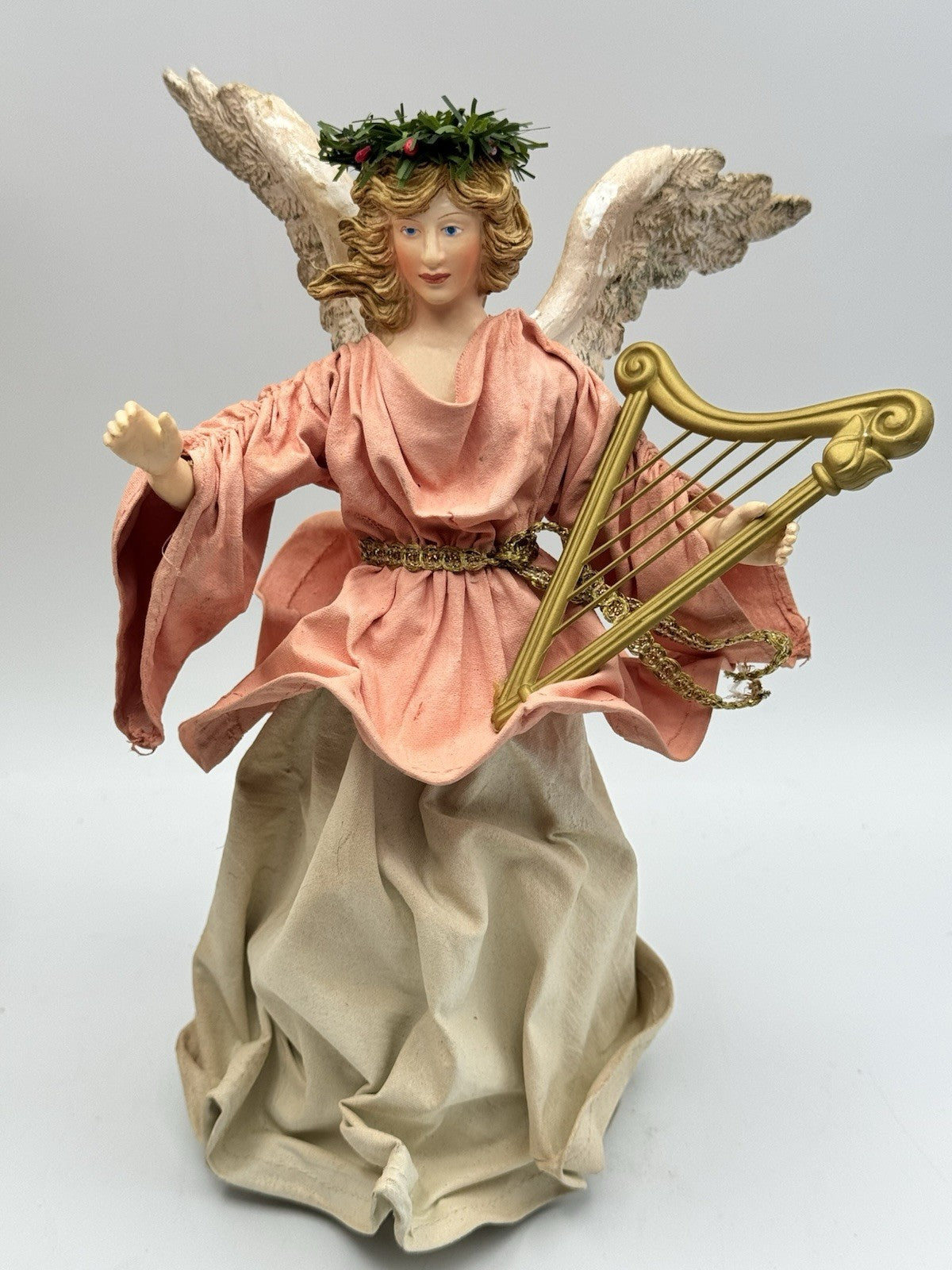 Vintage Christmas Tree Topper ANGEL Fabric Wings Pink Harp 9.5 Inch