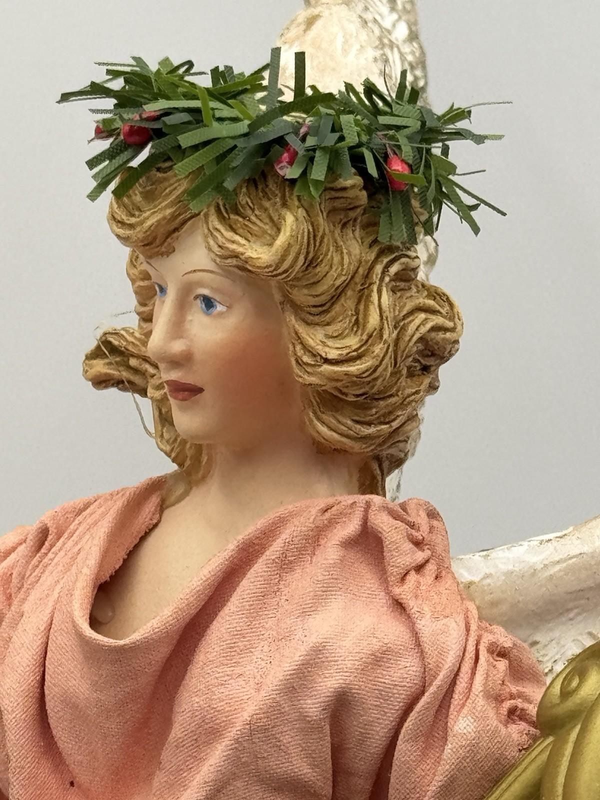 Vintage Christmas Tree Topper ANGEL Fabric Wings Pink Harp 9.5 Inch