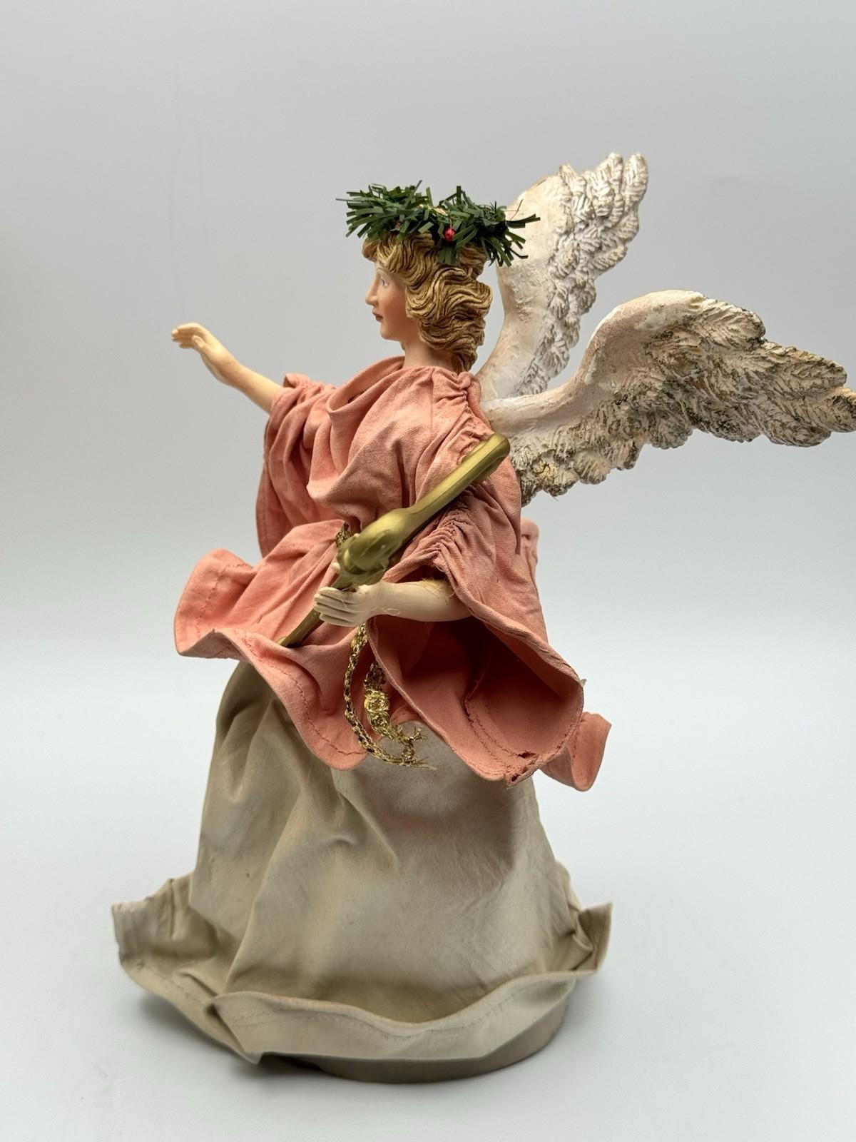 Vintage Christmas Tree Topper ANGEL Fabric Wings Pink Harp 9.5 Inch