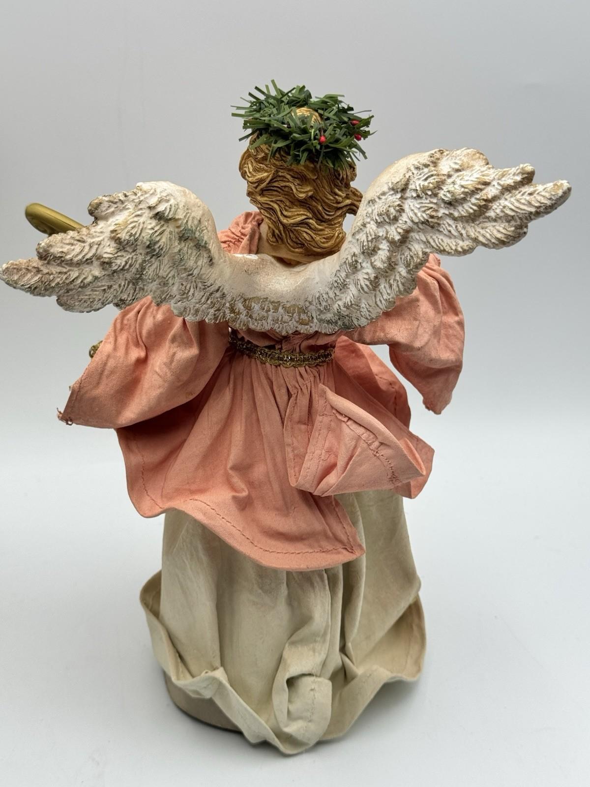 Vintage Christmas Tree Topper ANGEL Fabric Wings Pink Harp 9.5 Inch