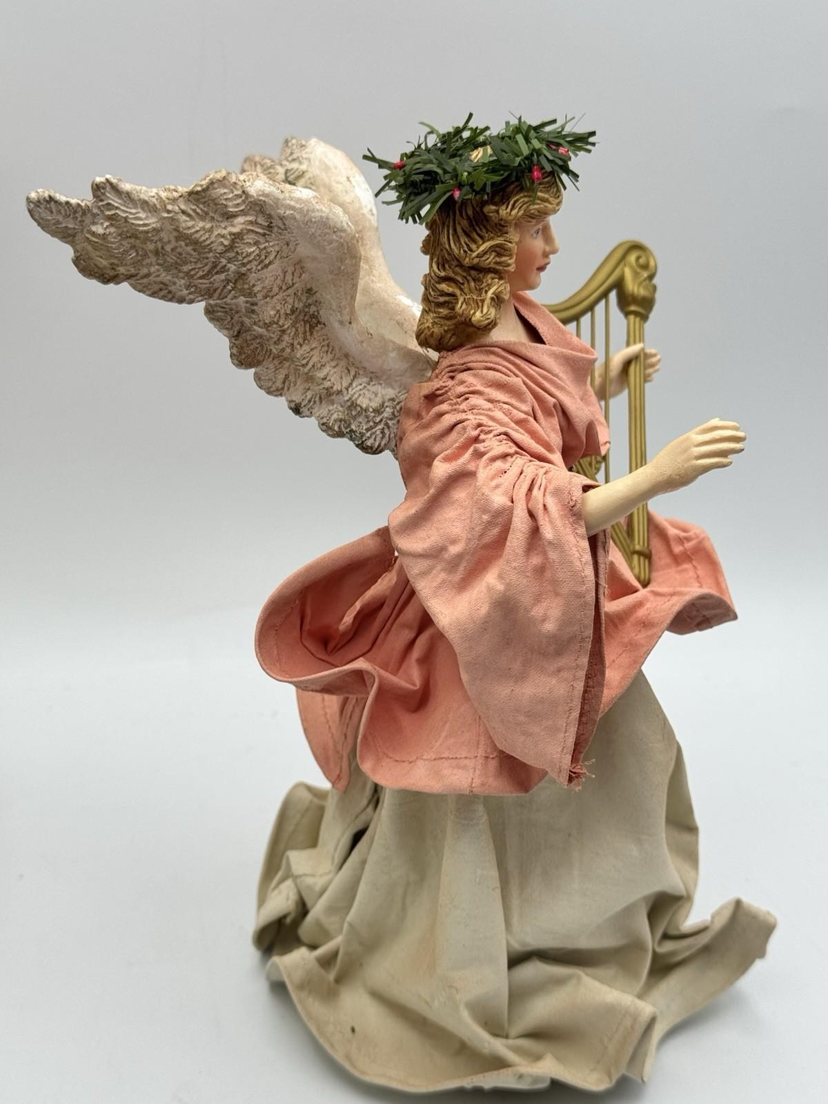 Vintage Christmas Tree Topper ANGEL Fabric Wings Pink Harp 9.5 Inch