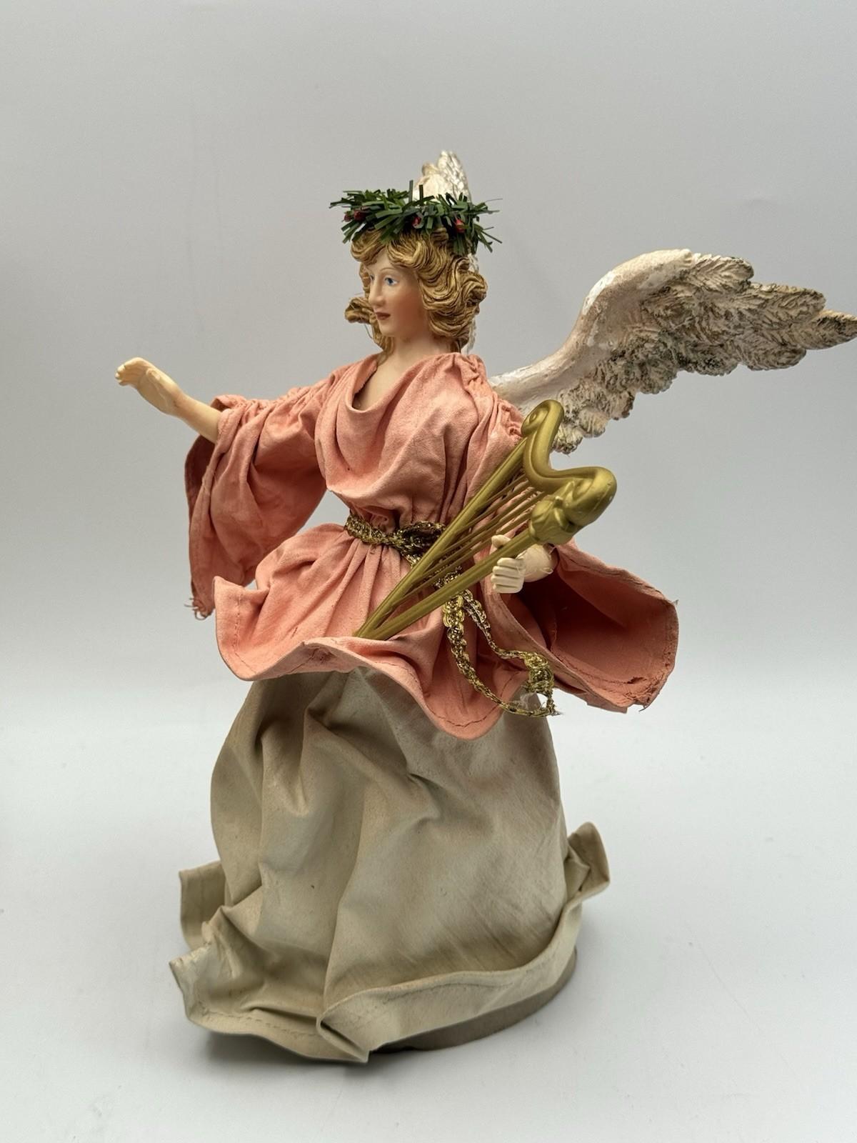 Vintage Christmas Tree Topper ANGEL Fabric Wings Pink Harp 9.5 Inch