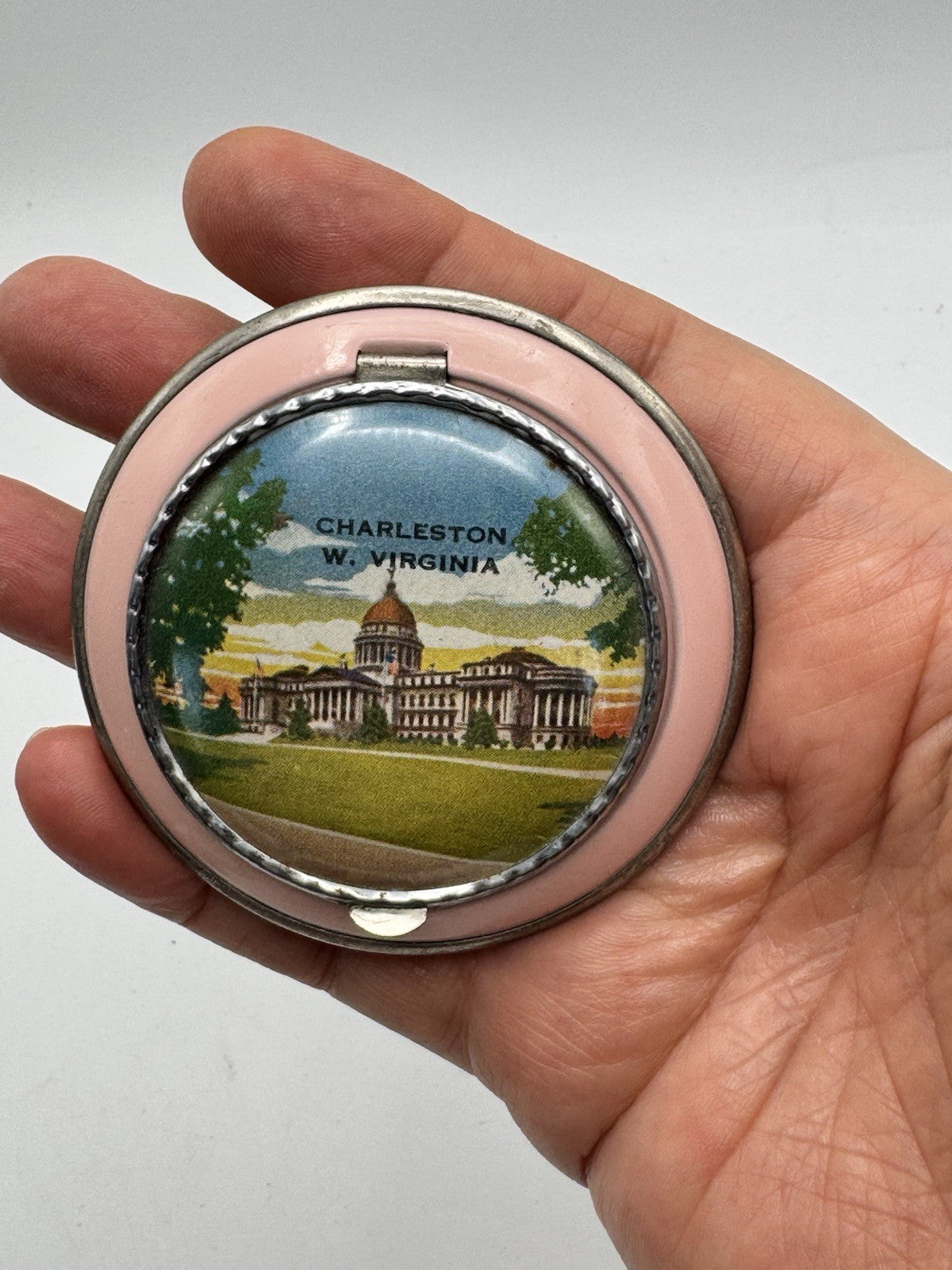 Vintage Souvenir Compact Charleston West Virginia Pink Enamel Round 2.75”