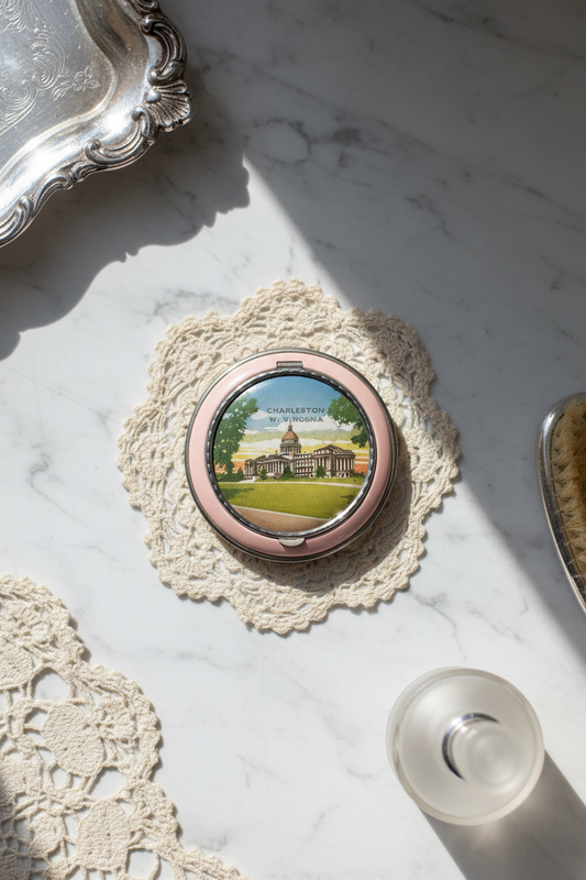 Vintage Souvenir Compact Charleston West Virginia Pink Enamel Round 2.75”