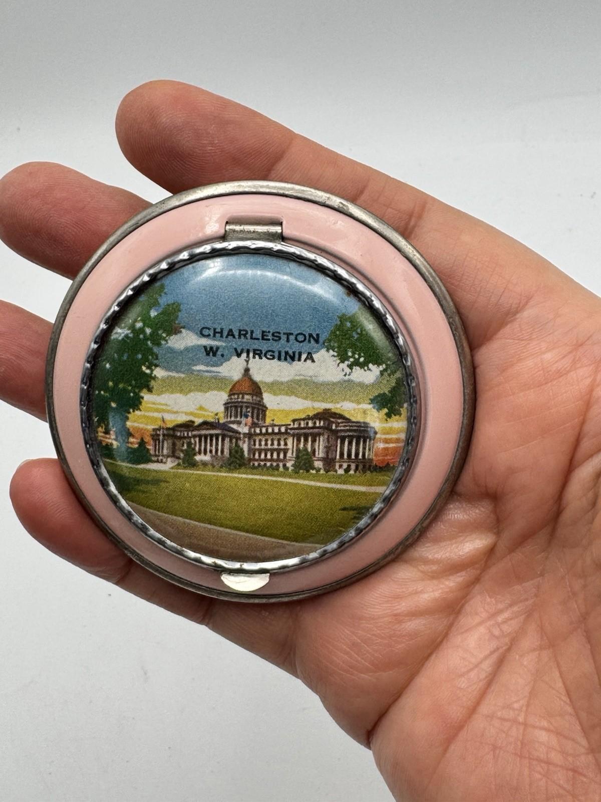 Vintage Souvenir Compact Charleston West Virginia Pink Enamel Round 2.75”