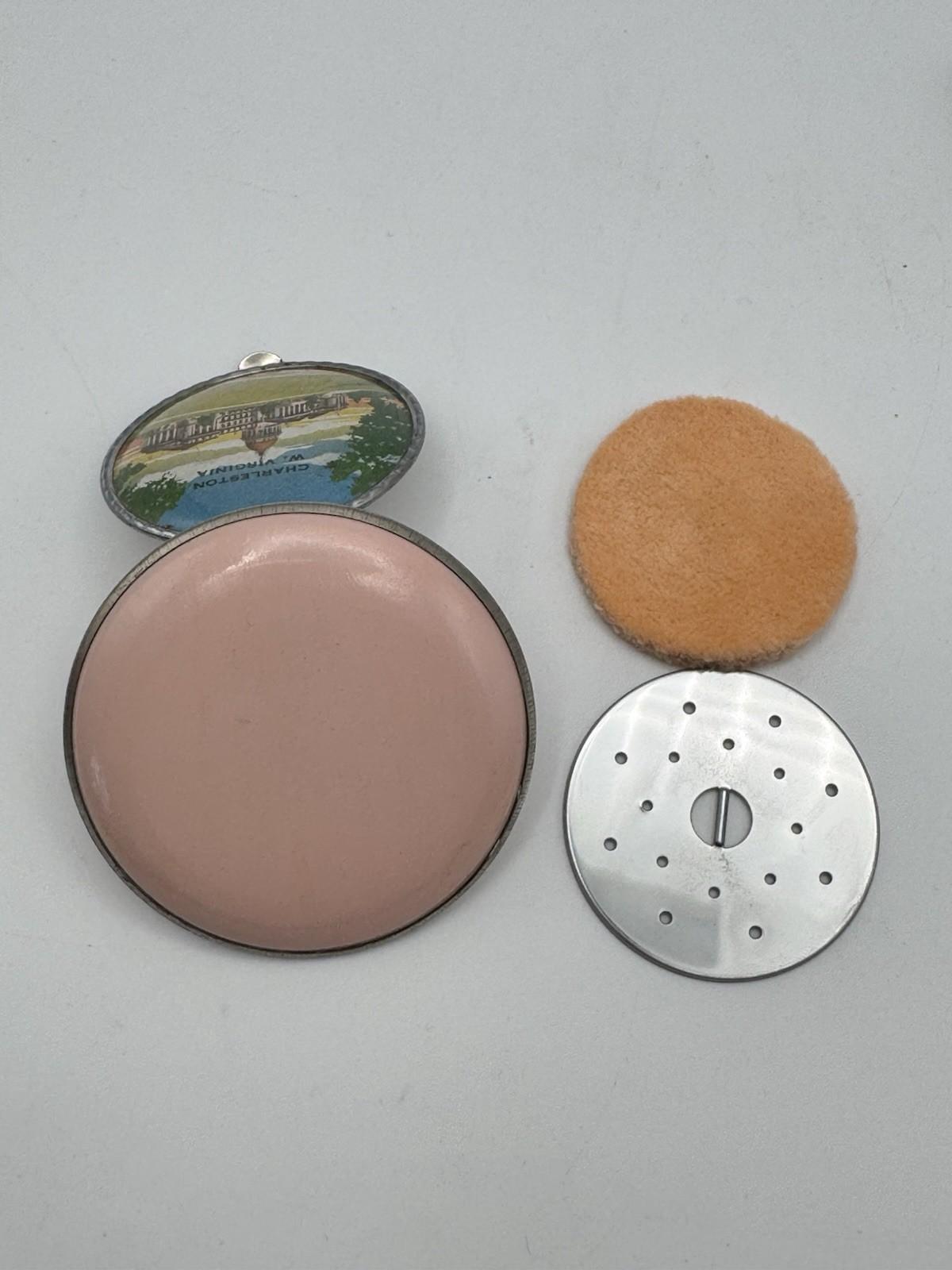 Vintage Souvenir Compact Charleston West Virginia Pink Enamel Round 2.75”