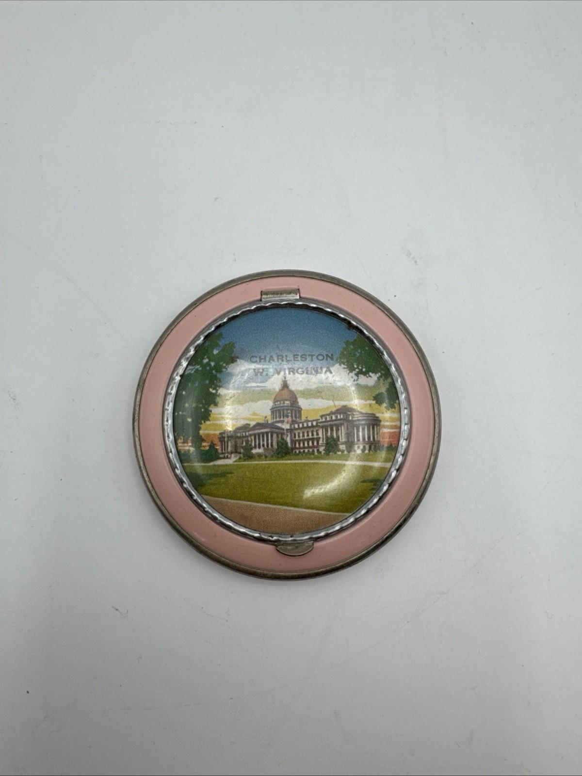 Vintage Souvenir Compact Charleston West Virginia Pink Enamel Round 2.75”