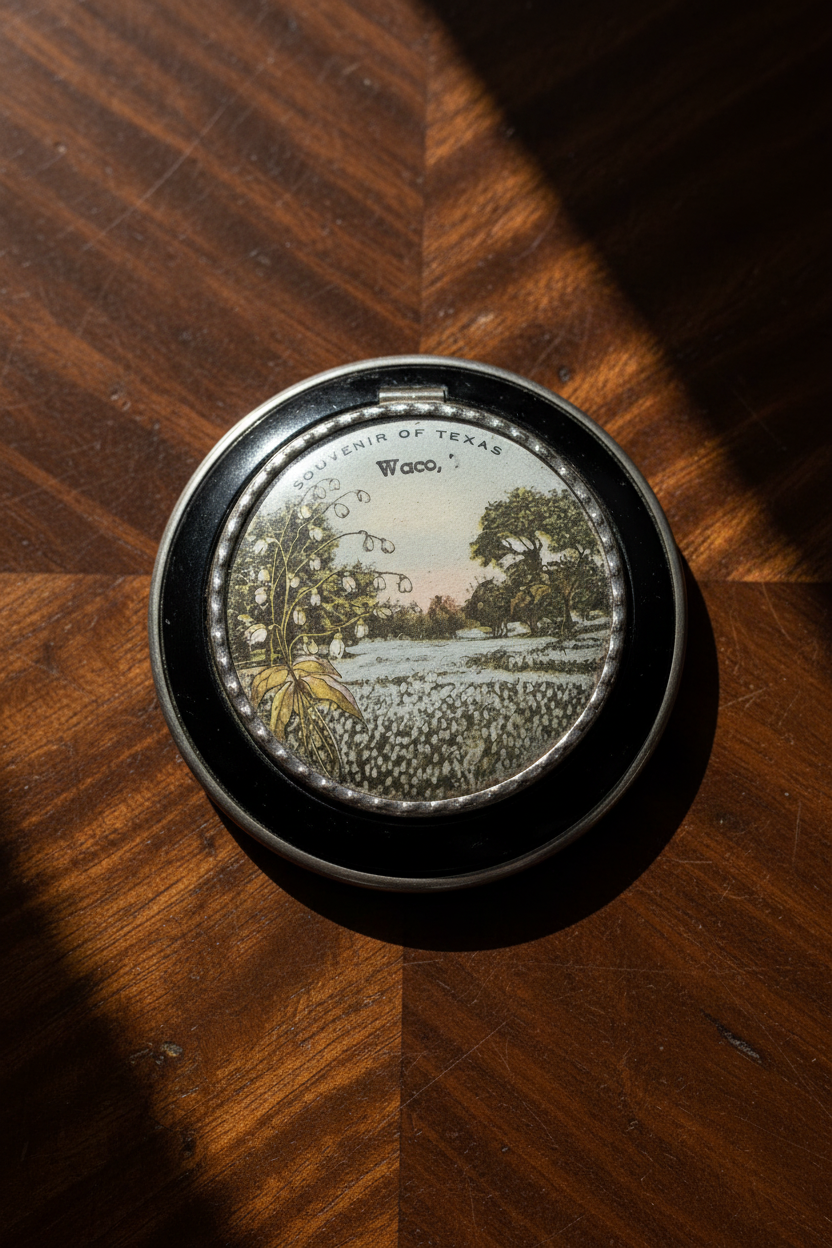 Vintage Souvenir Compact Waco Texas Black Enamel Scenic Round 2.75”