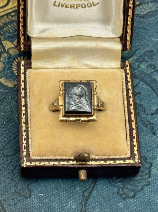 Antique Intaglio Ring Hematite 10K Rose Gold Size 7 Carved Roman Warrior