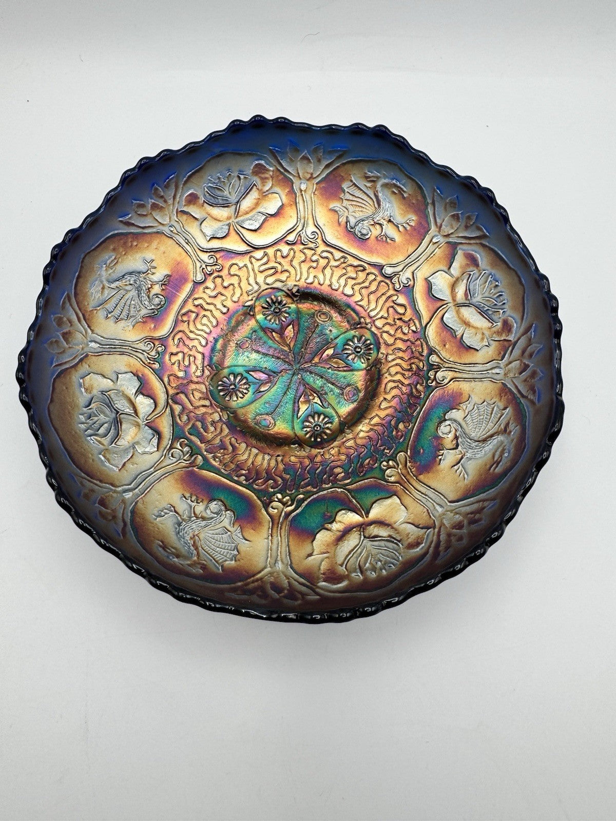 Antique Fenton “Dragon & Lotus” Cobalt Blue Carnival Glass ICS Bowl