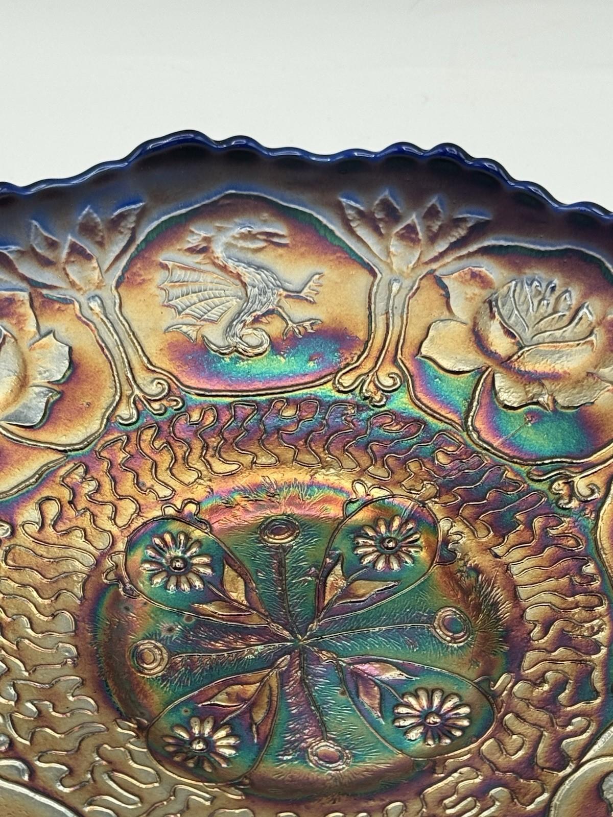 Antique Fenton “Dragon & Lotus” Cobalt Blue Carnival Glass ICS Bowl