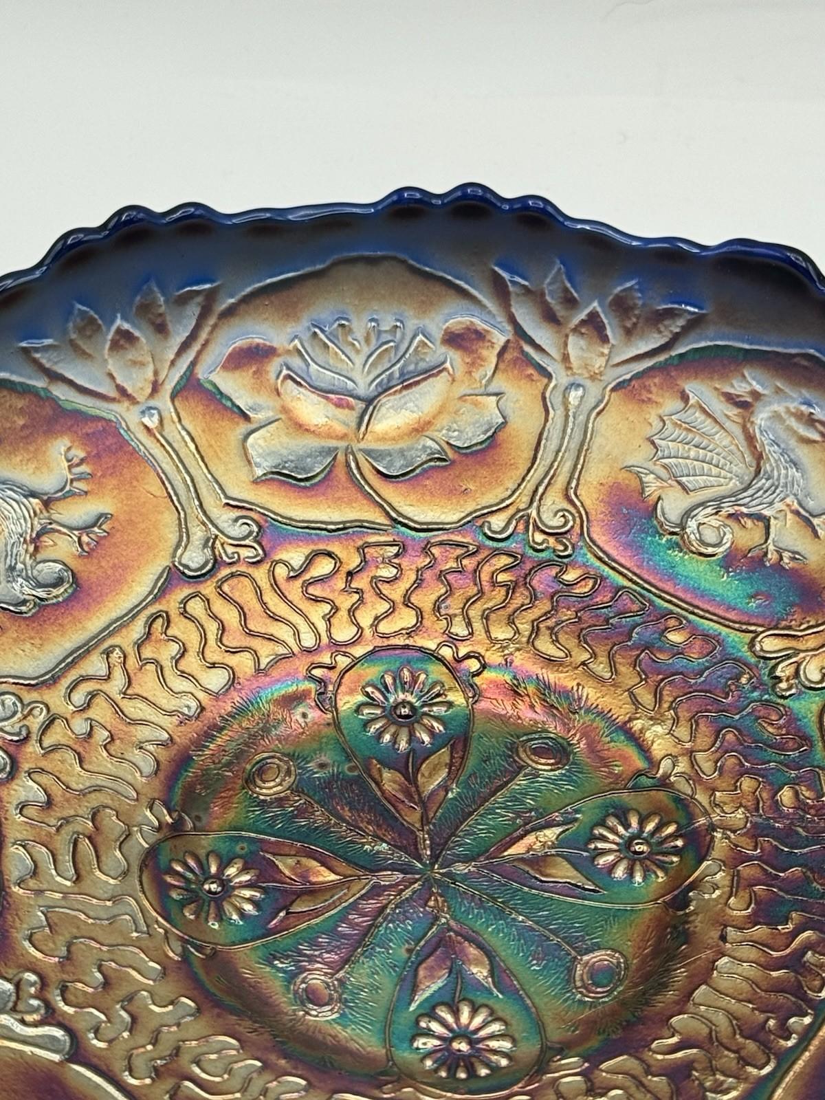 Antique Fenton “Dragon & Lotus” Cobalt Blue Carnival Glass ICS Bowl