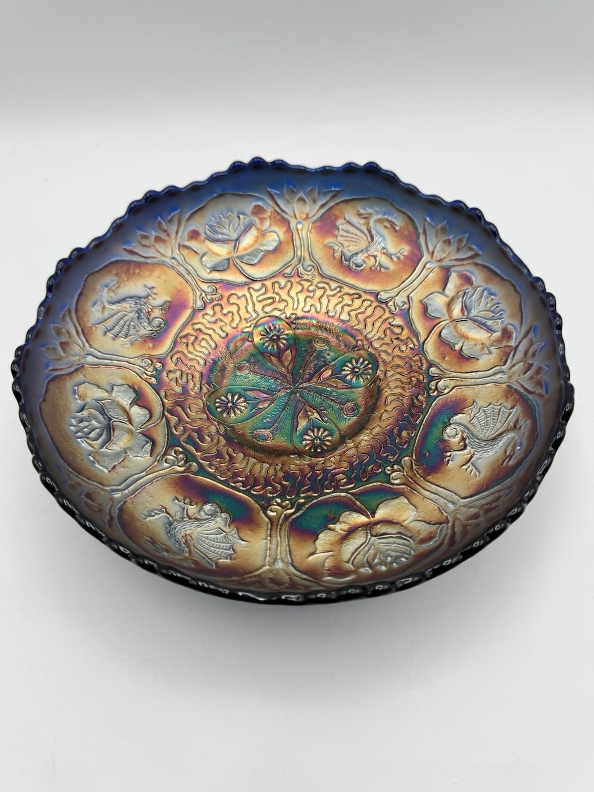 Antique Fenton “Dragon & Lotus” Cobalt Blue Carnival Glass ICS Bowl