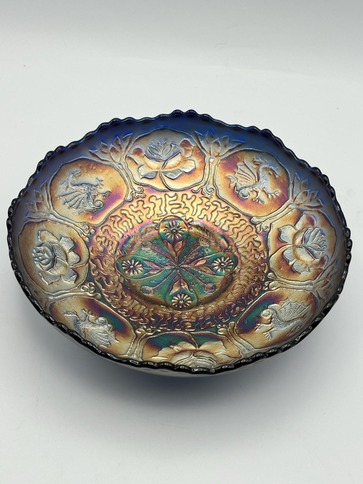 Antique Fenton “Dragon & Lotus” Cobalt Blue Carnival Glass ICS Bowl