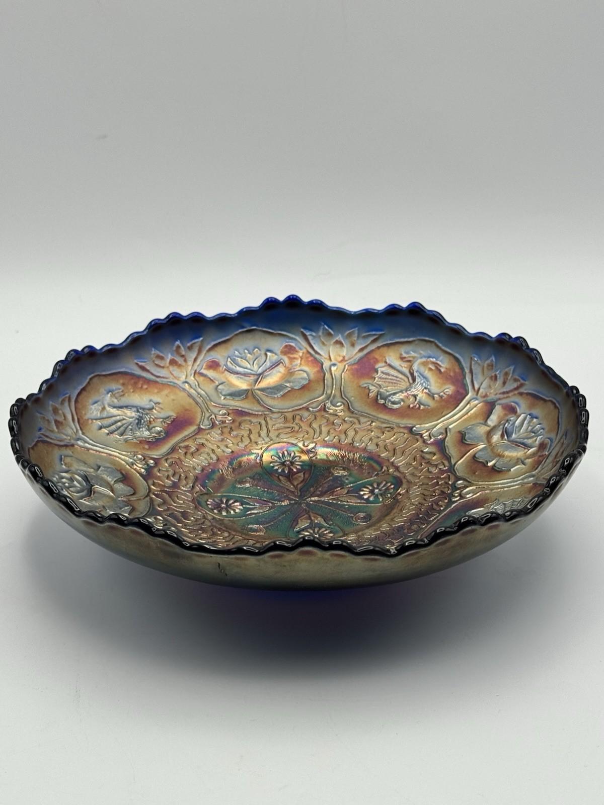 Antique Fenton “Dragon & Lotus” Cobalt Blue Carnival Glass ICS Bowl