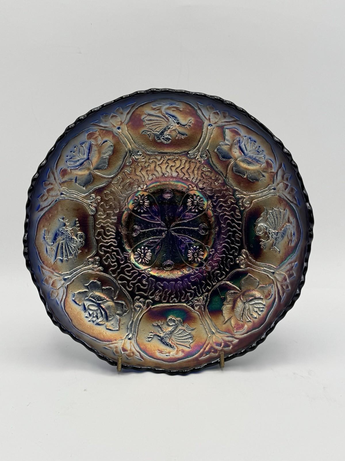 Antique Fenton “Dragon & Lotus” Cobalt Blue Carnival Glass ICS Bowl