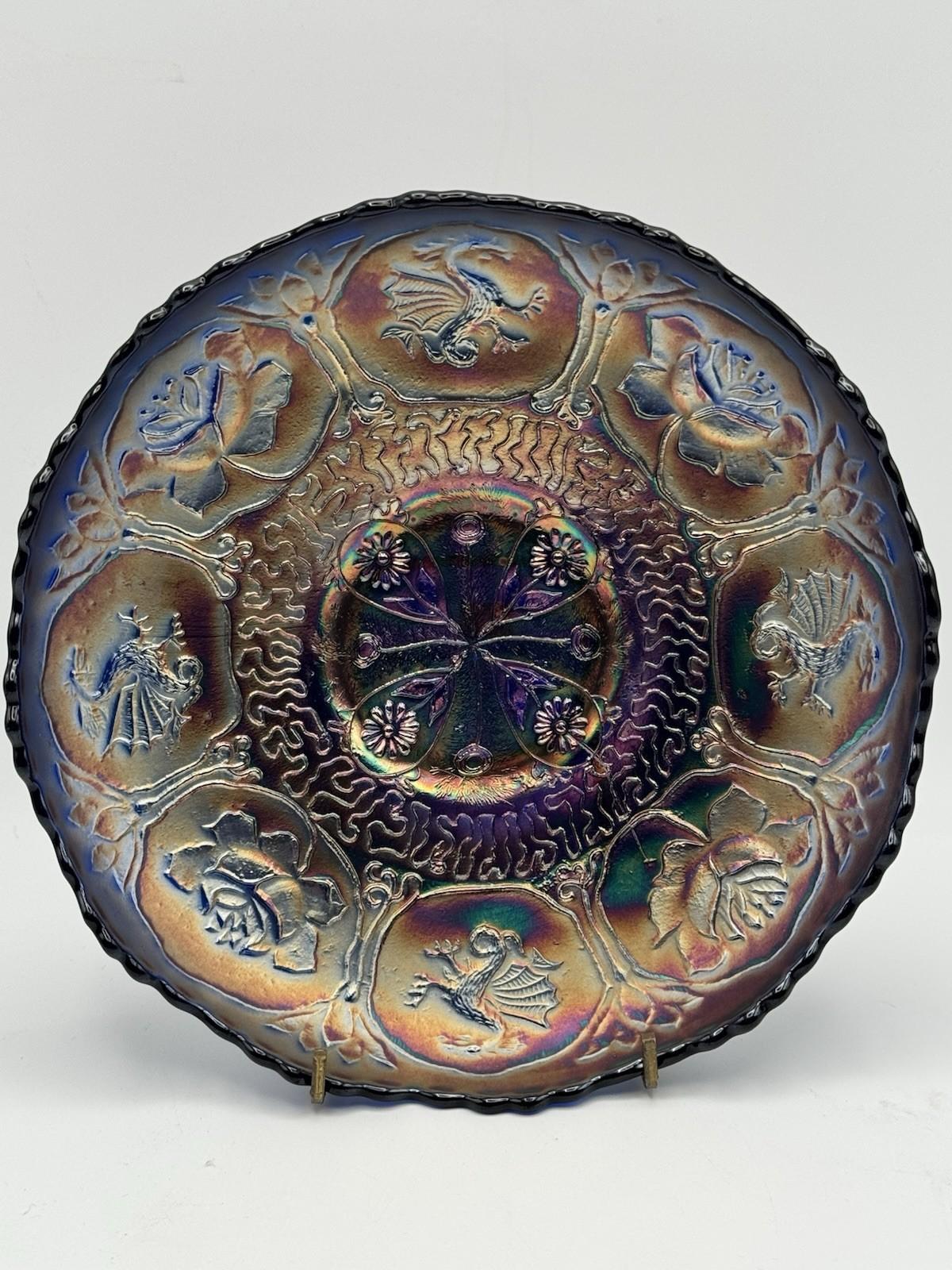 Antique Fenton “Dragon & Lotus” Cobalt Blue Carnival Glass ICS Bowl