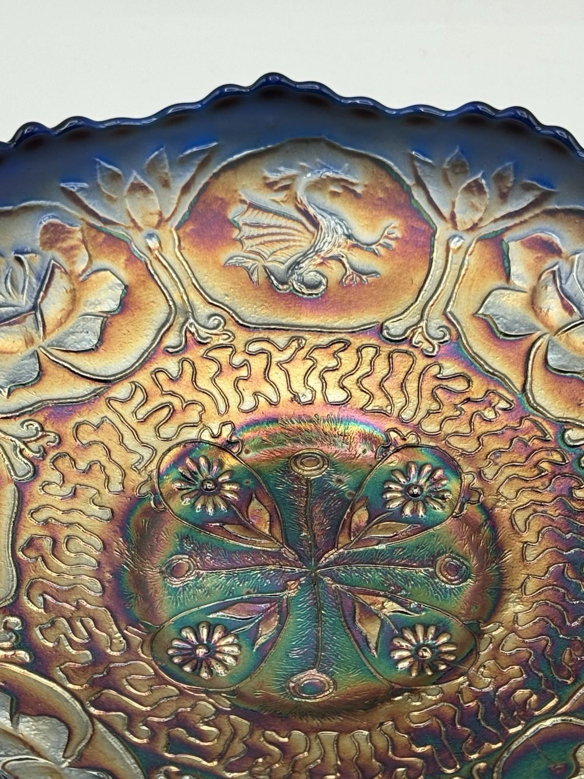 Antique Fenton “Dragon & Lotus” Cobalt Blue Carnival Glass ICS Bowl